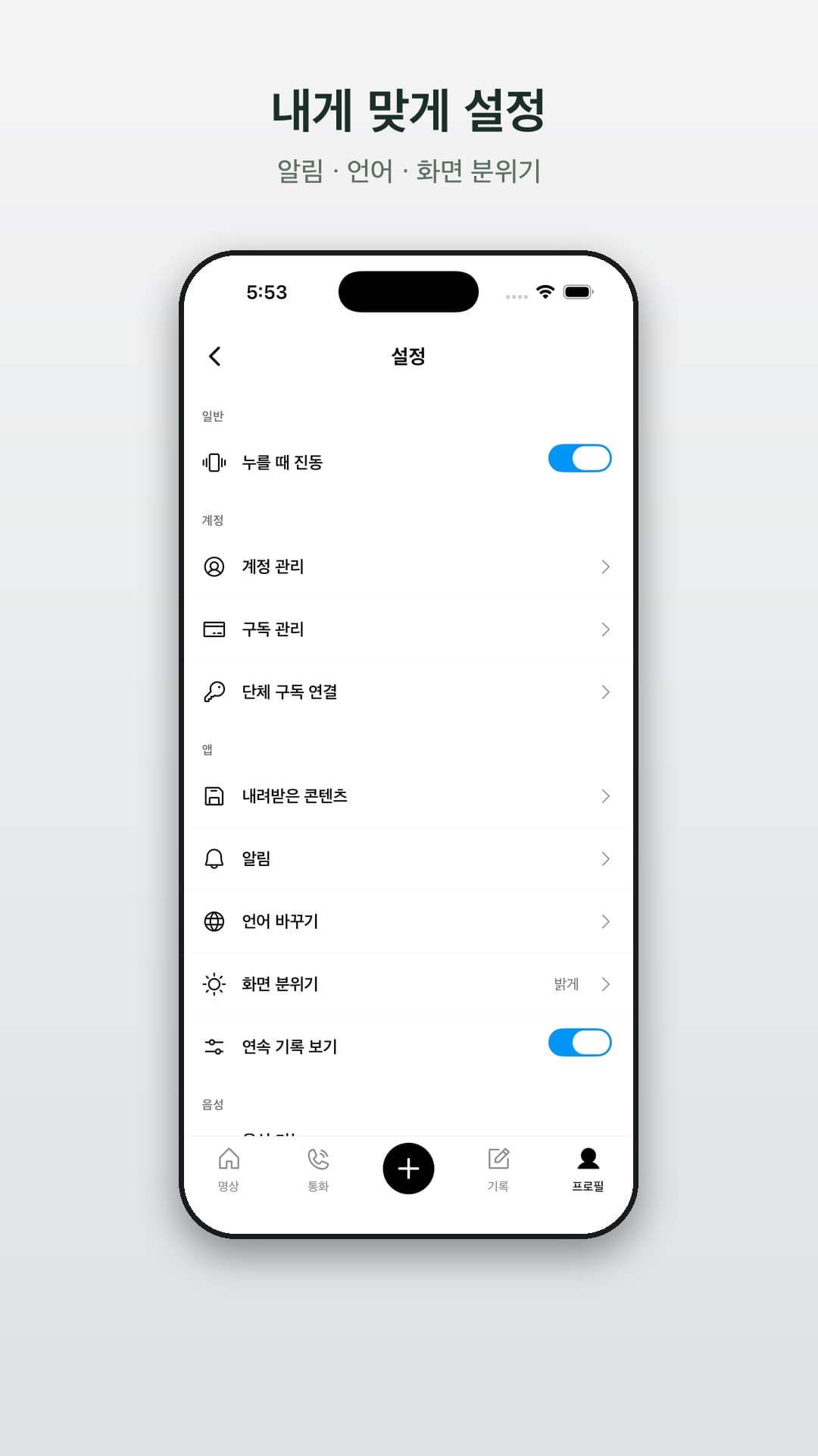 설정 화면 — 알림·언어·화면 분위기