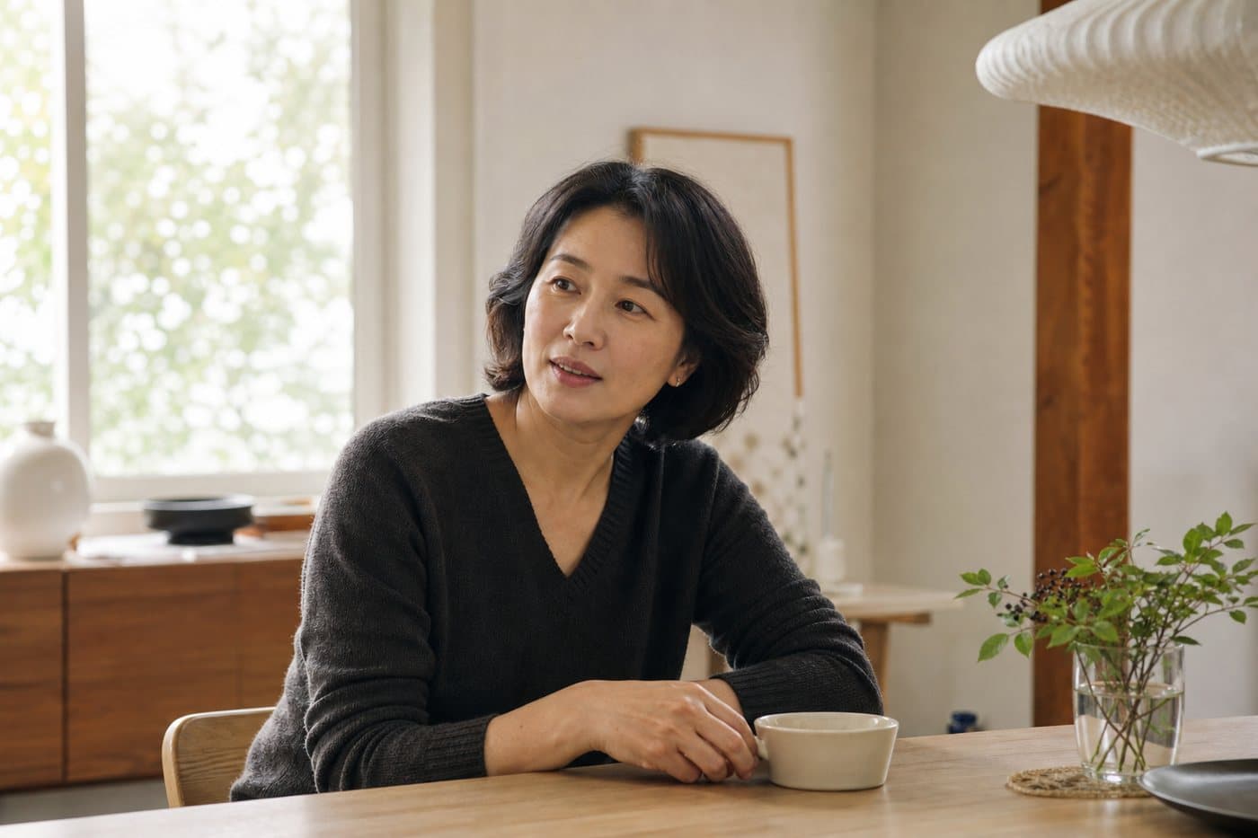 찻잔을 두고 이야기를 듣고 있는 사람
