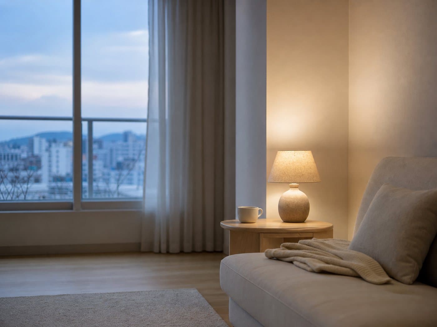 A living room after sunset, with the small lamp beside the sofa still lit.
