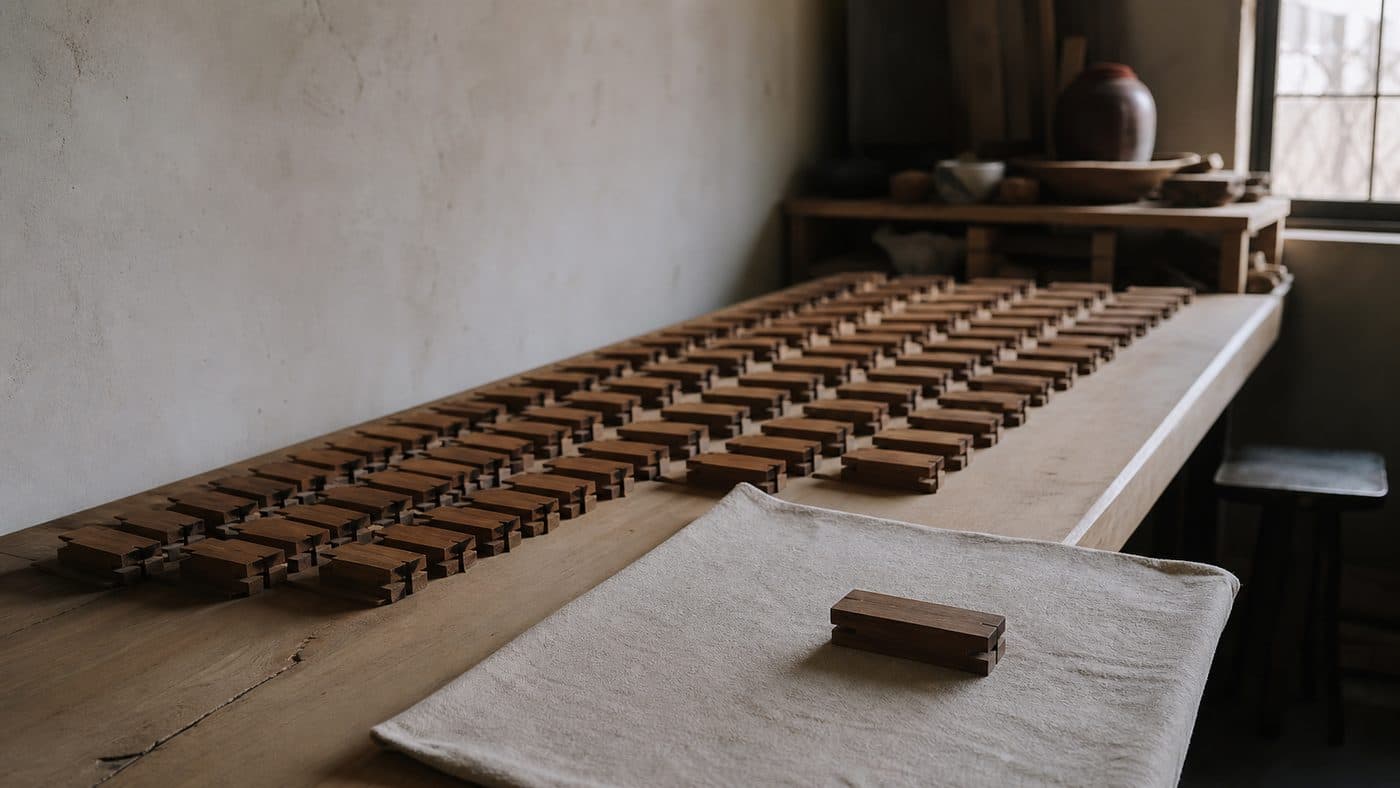 A long workbench with many identical small wooden parts laid out in rows, and one finished piece set apart on a cloth.