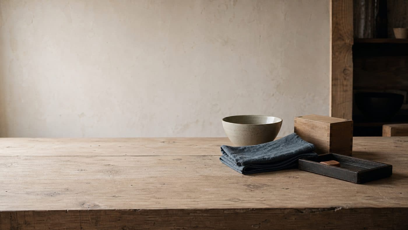 A broad wooden table filling the frame with a varied group of everyday objects standing on it — a bowl, a folded cloth, a box, a tray.