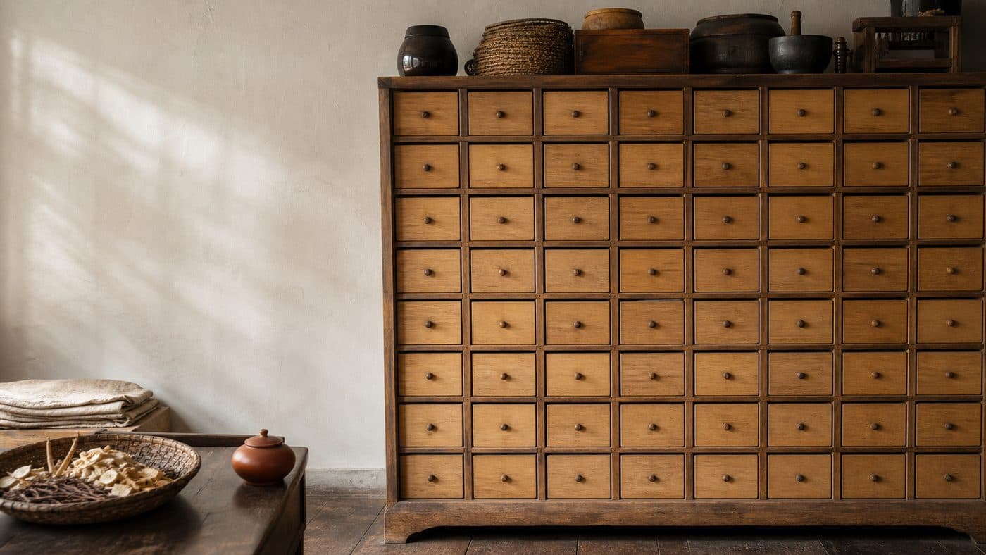 A traditional Korean apothecary cabinet of many small drawers, warm side light across the wood grain.