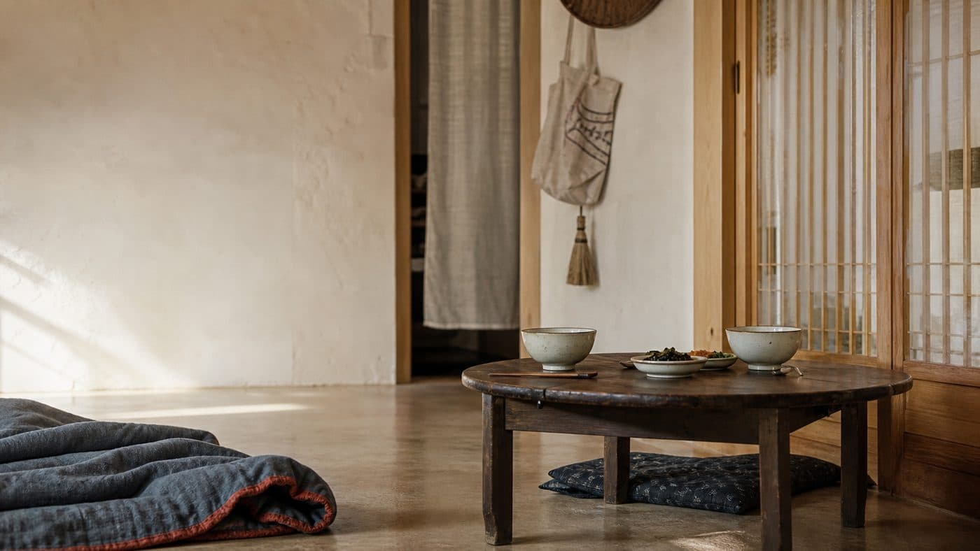A Korean room in afternoon light: a low round table set with two bowls, a folded blanket on the floor nearby.